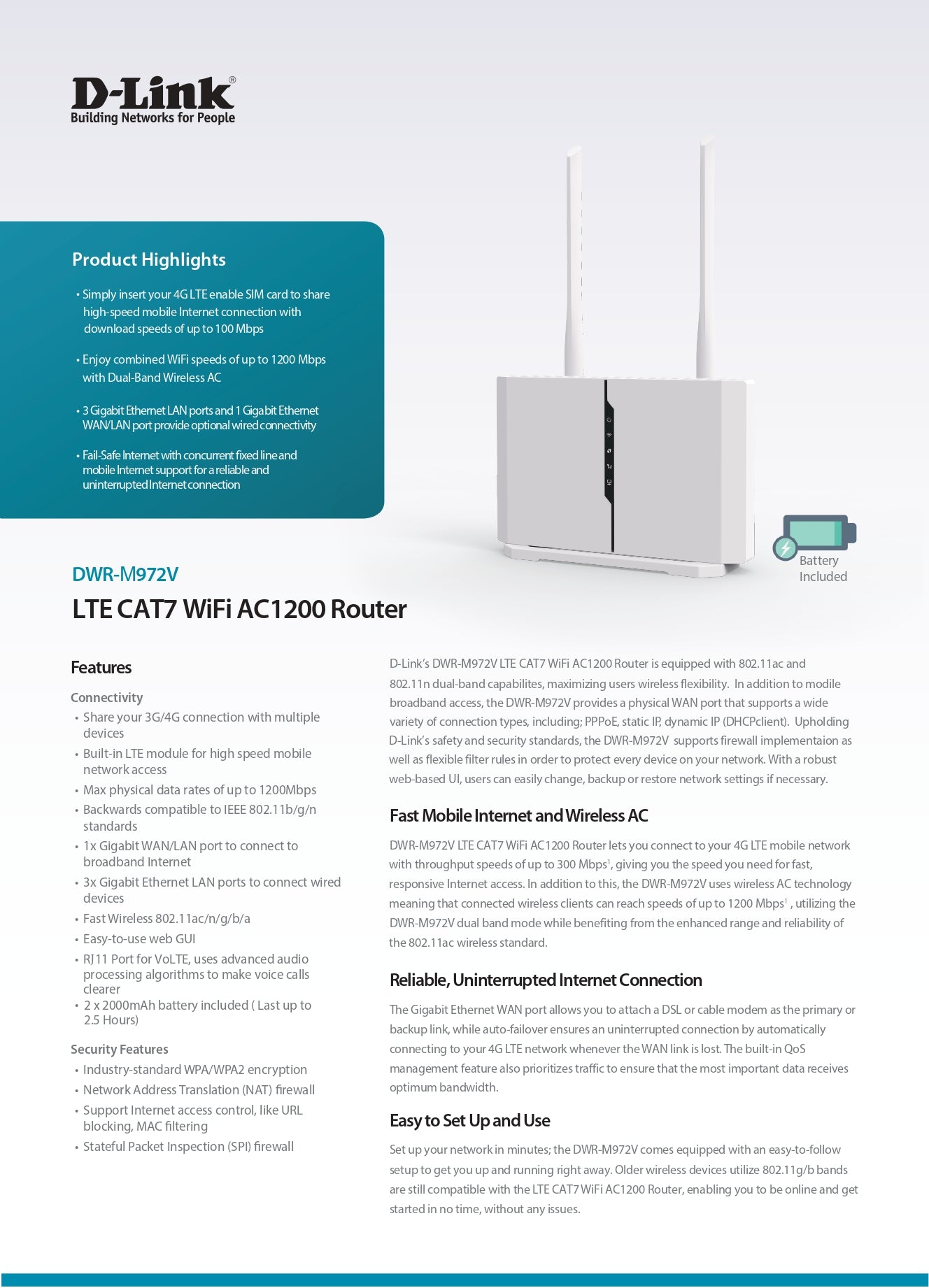 D-Link DWR-M972V 4G LTE Cat 7 AC1200 Dual-Band Gigabit WiFi Router with RJ11 | DL-DWR-M972V