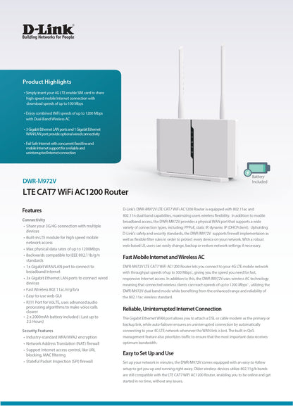 D-Link DWR-M972V 4G LTE Cat 7 AC1200 Dual-Band Gigabit WiFi Router with RJ11 | DL-DWR-M972V
