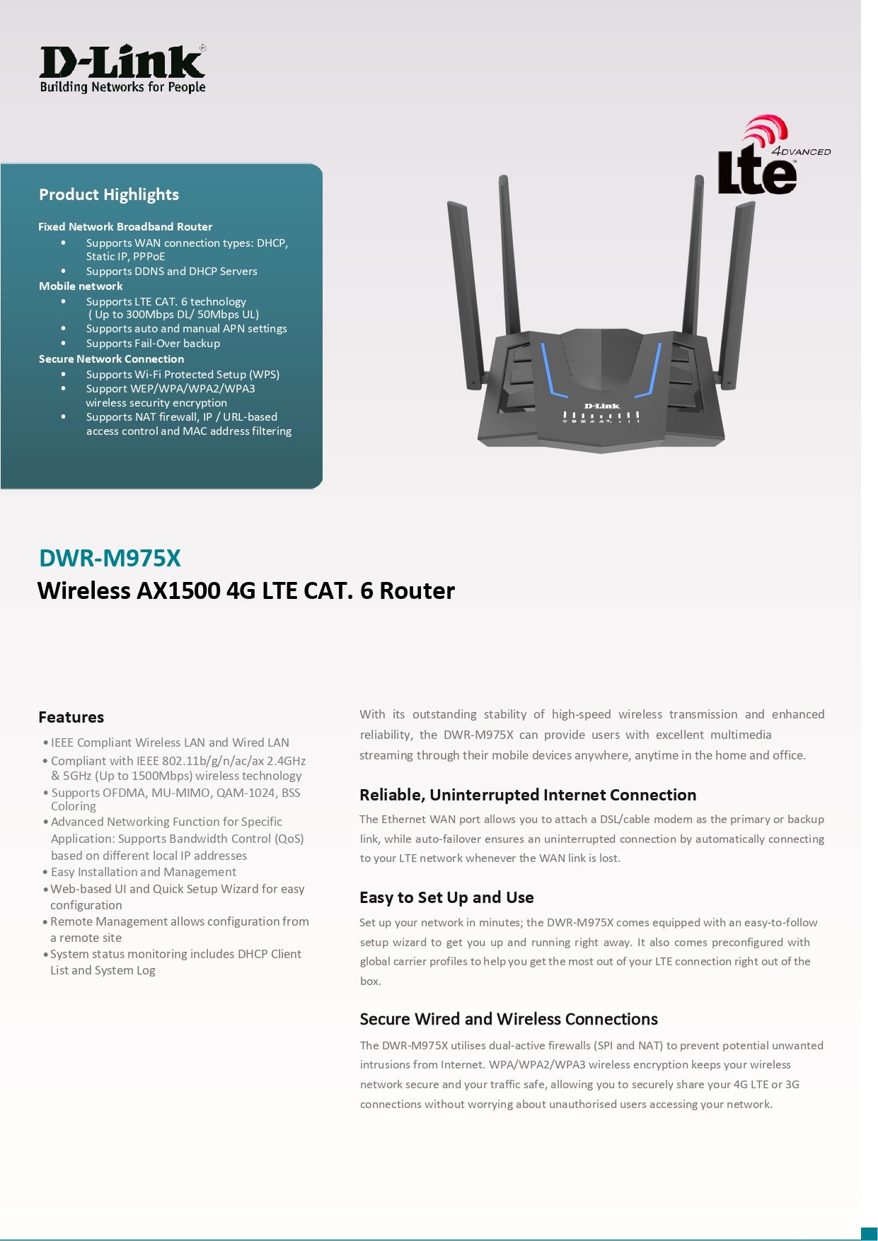 D-Link Dual-Band 2.4Ghz/5G Wireless AX1500 4G LTE CAT 6 Sim Card Router | DL-DWR-M975X