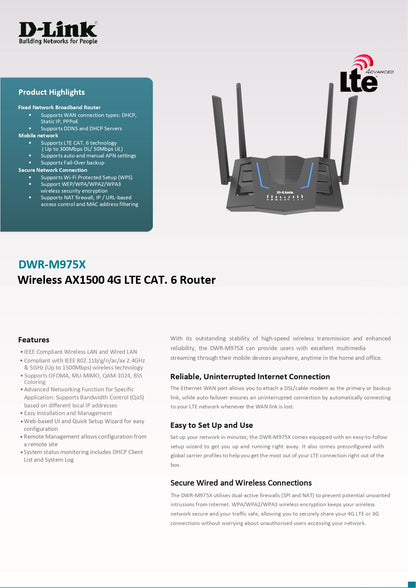 D-Link Dual-Band 2.4Ghz/5G Wireless AX1500 4G LTE CAT 6 Sim Card Router | DL-DWR-M975X