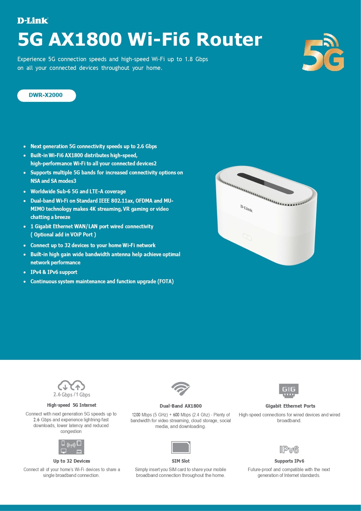 D-Link DWR-X2000 AX1800 5G SIM Card WiFi 6 Router Dual-Band Up to 32 Devices | DL-DWR-X2000
