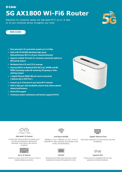 D-Link DWR-X2000 AX1800 5G SIM Card WiFi 6 Router Dual-Band Up to 32 Devices | DL-DWR-X2000