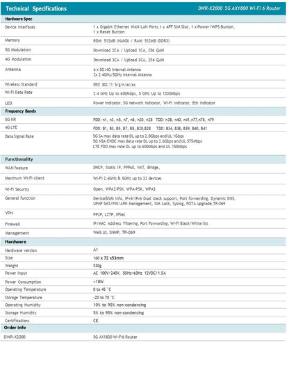 D-Link DWR-X2000 AX1800 5G SIM Card WiFi 6 Router Dual-Band Up to 32 Devices | DL-DWR-X2000