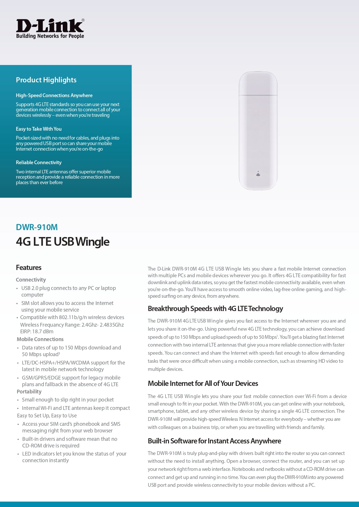 D-Link DWR-910M 4G LTE USB Wi-Fi Modem Router with MicroSD & SIM Card | DL-DWR-910M