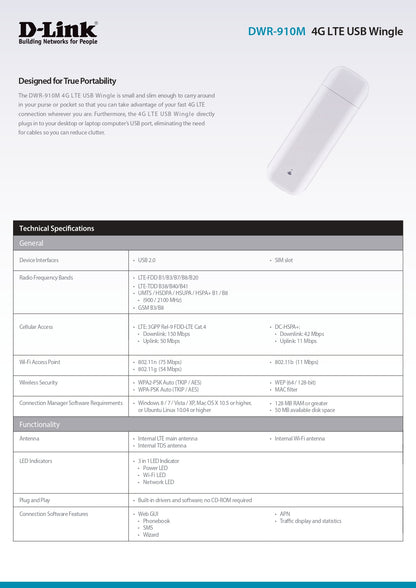 D-Link DWR-910M 4G LTE USB Wi-Fi Modem Router with MicroSD & SIM Card | DL-DWR-910M