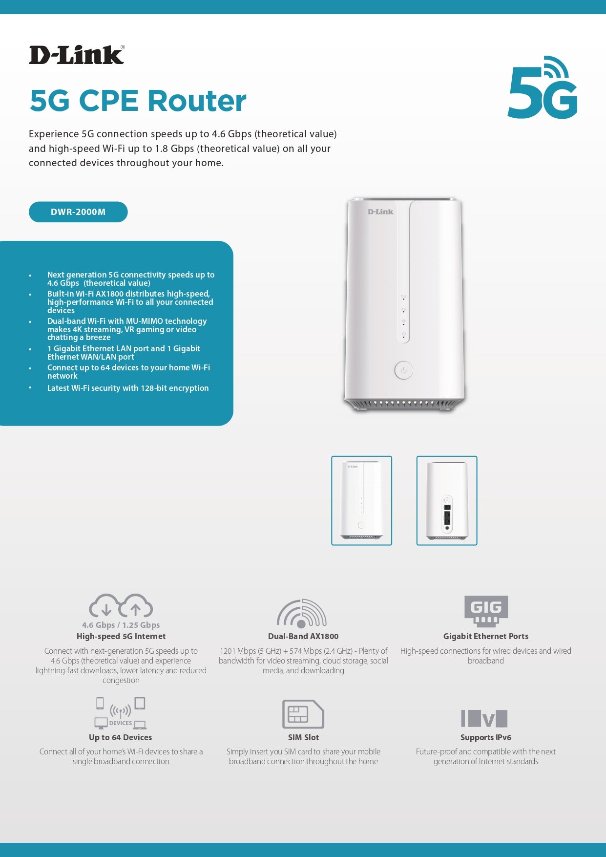 D-Link DWR-2000M 5G Wi-Fi 6 AX1800 Telephony Router | DL-DWR-2000M