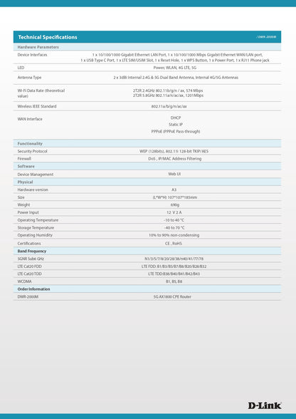 D-Link DWR-2000M 5G Wi-Fi 6 AX1800 Telephony Router | DL-DWR-2000M