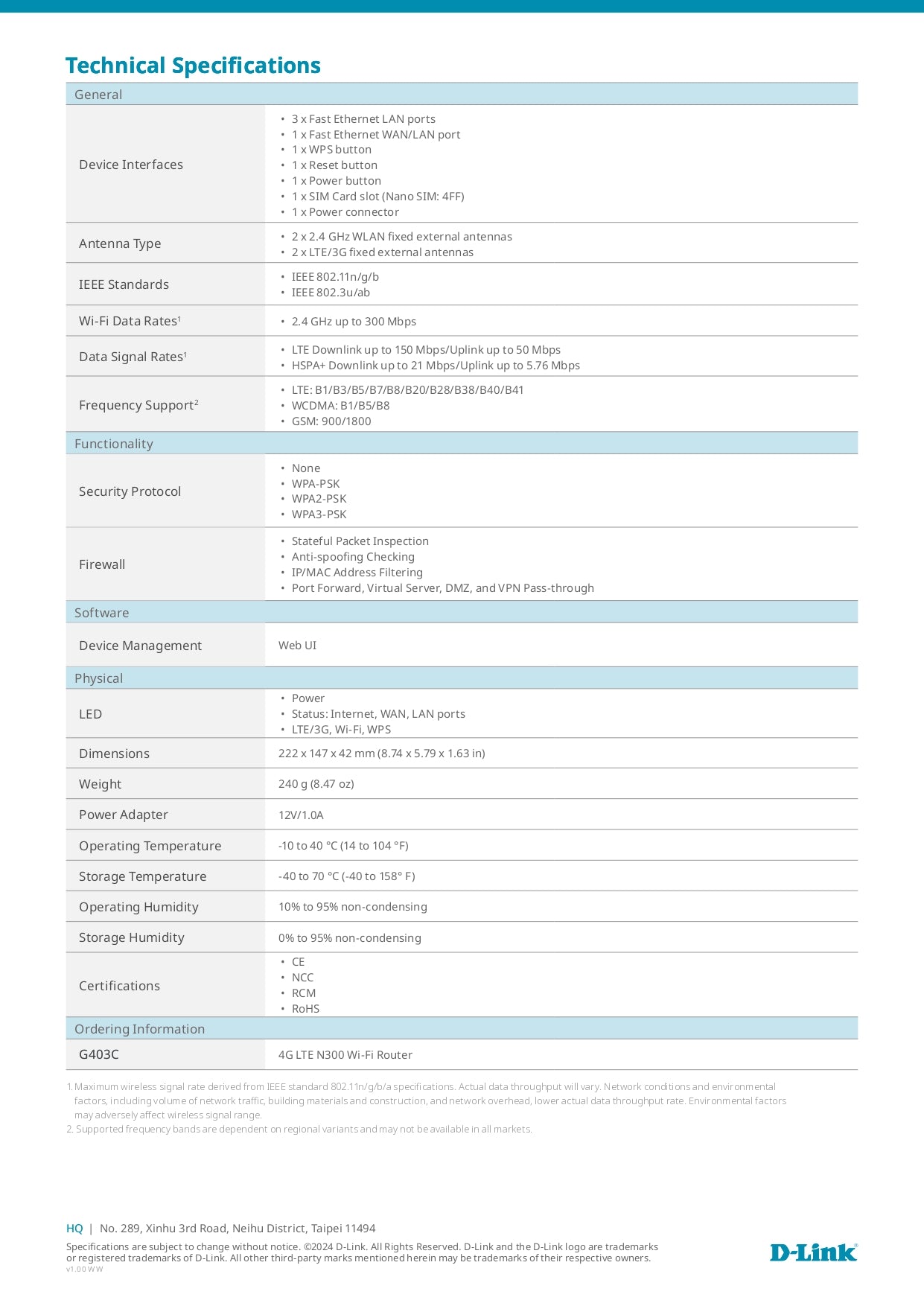 D-Link 4G LTE N300 WiFi 4G Sim Card Router | DL-G403C