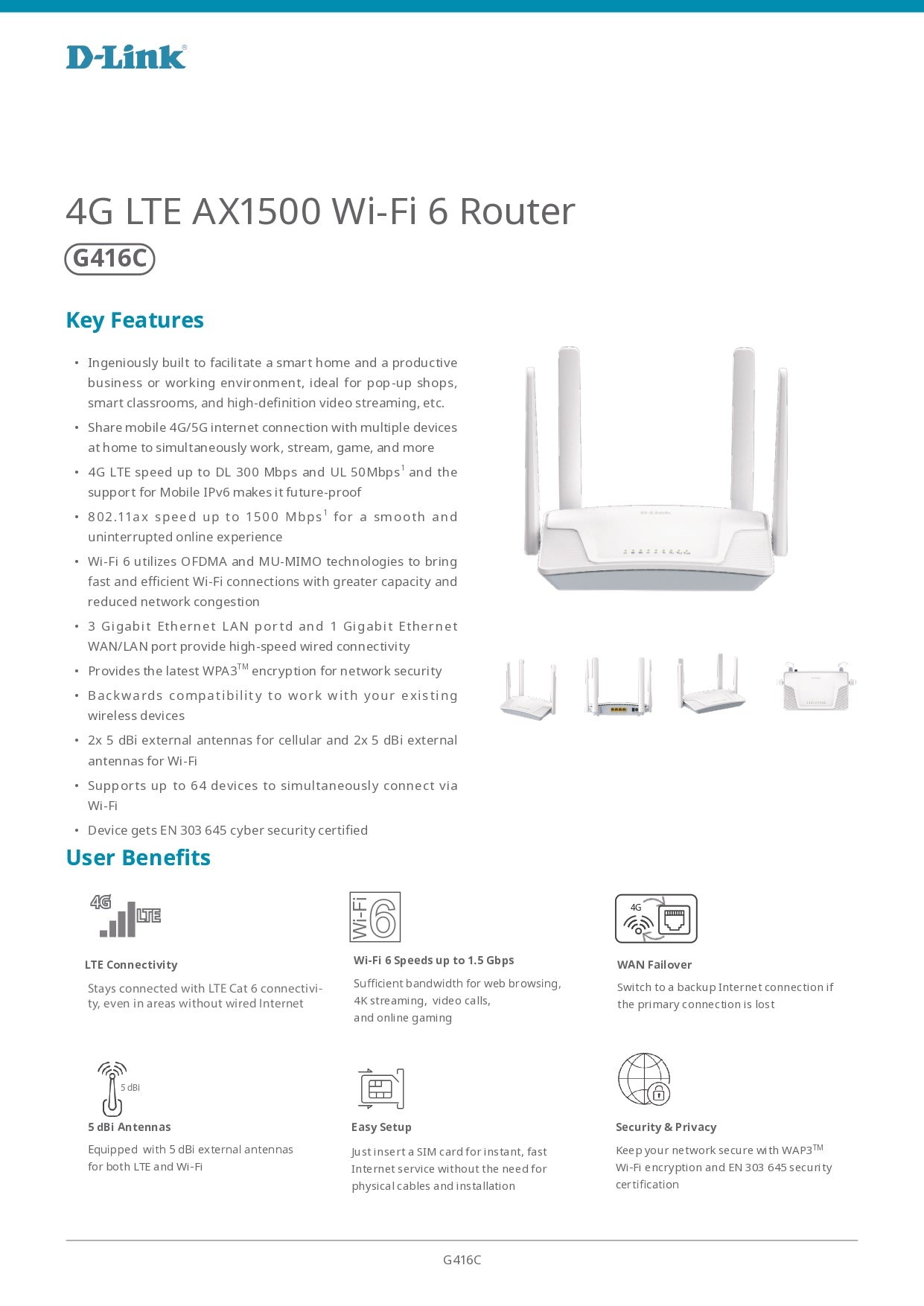 D-Link G416C 4G+ Cat6 LTE AX1500 Mobile Sim Card Router | DL-G416C