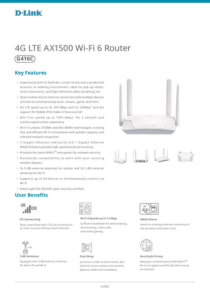 D-Link G416C 4G+ Cat6 LTE AX1500 Mobile Sim Card Router | DL-G416C