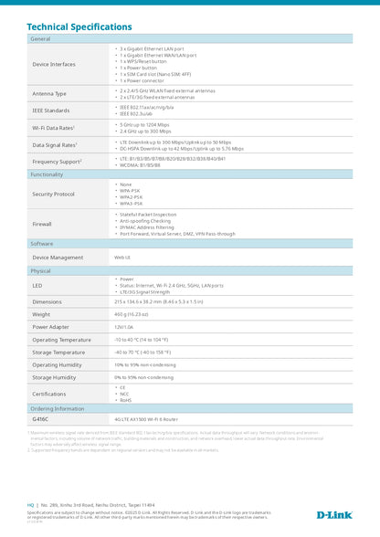D-Link G416C 4G+ Cat6 LTE AX1500 Mobile Sim Card Router | DL-G416C