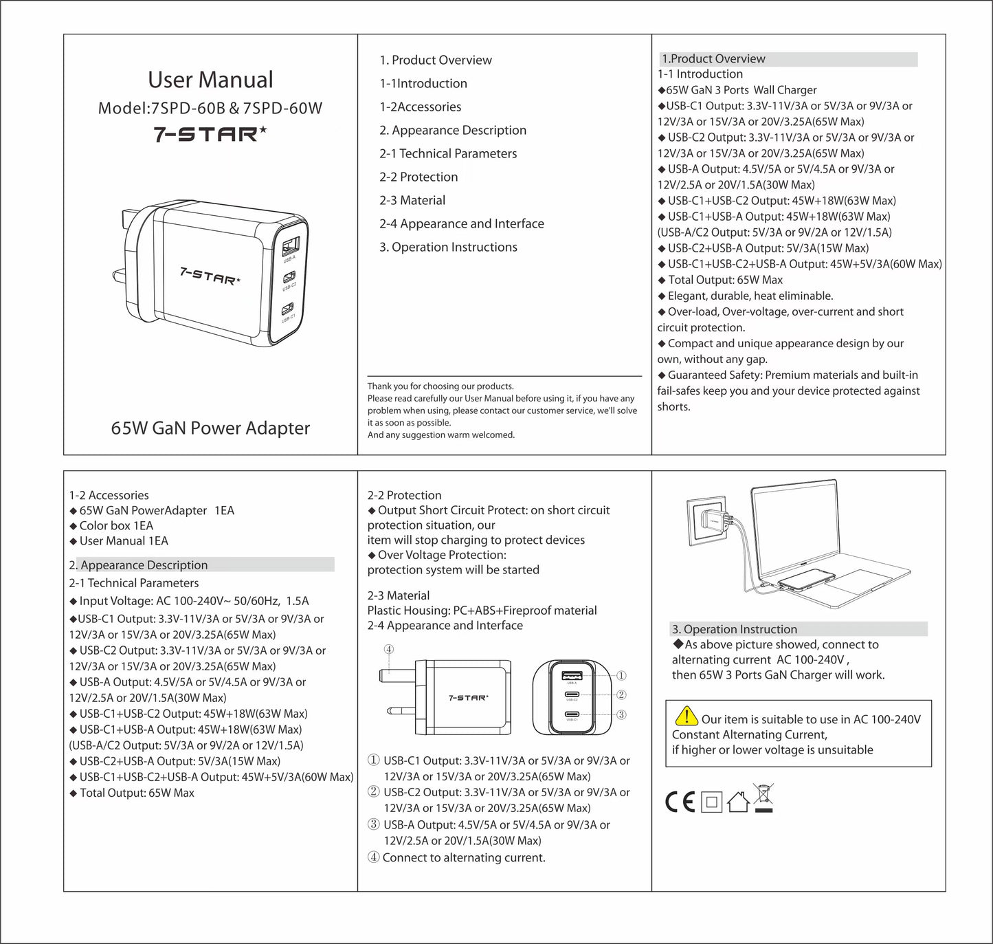 65W GaN PD Charger Adapter | USB Type-C | USB A | White | 7SPD-60W