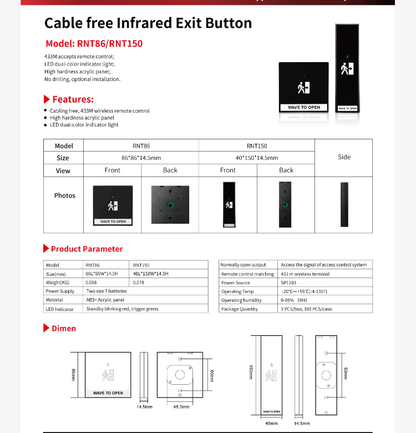 Contactless Infrared Exit Button – Touch-Free Access Control Sensor | DA-RNT150