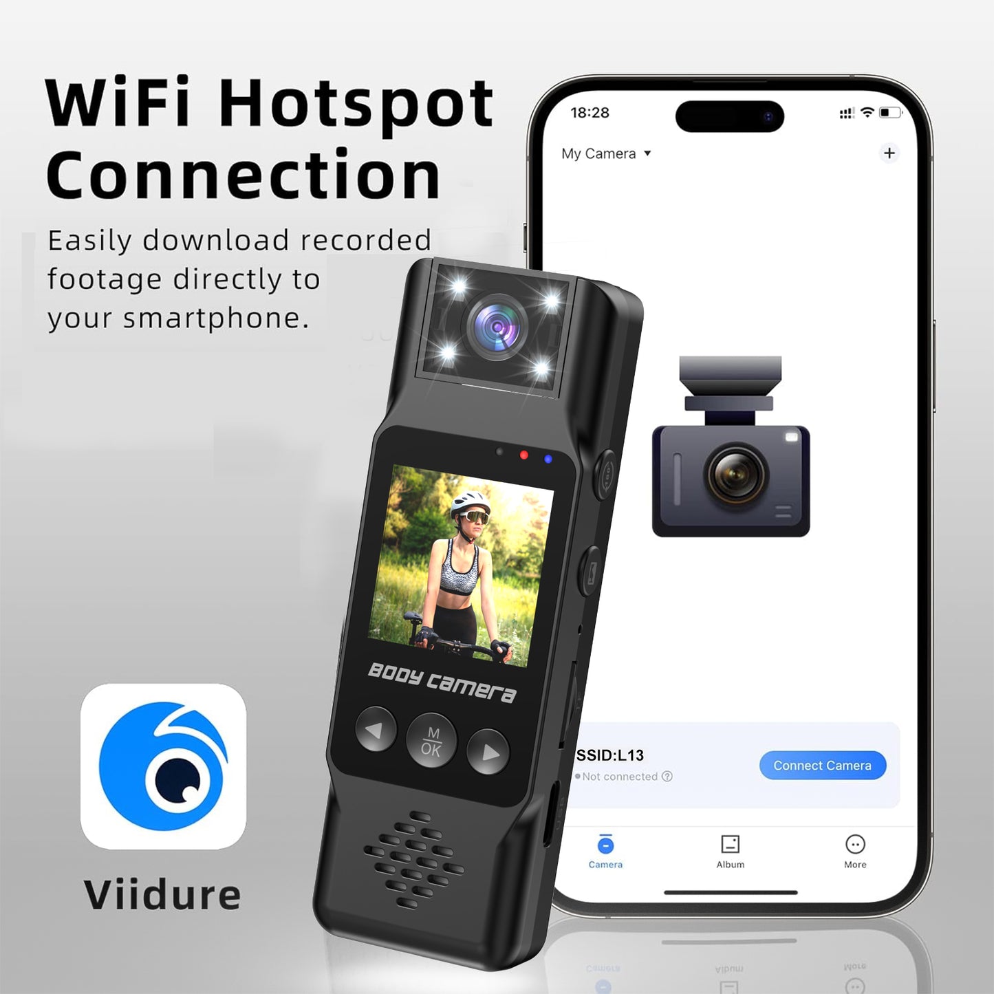 1.3'' Built in Screen WiFi Bodywear Action Camera with Portable Battery 1200mAh  | APP:Viidure | BC-L13
