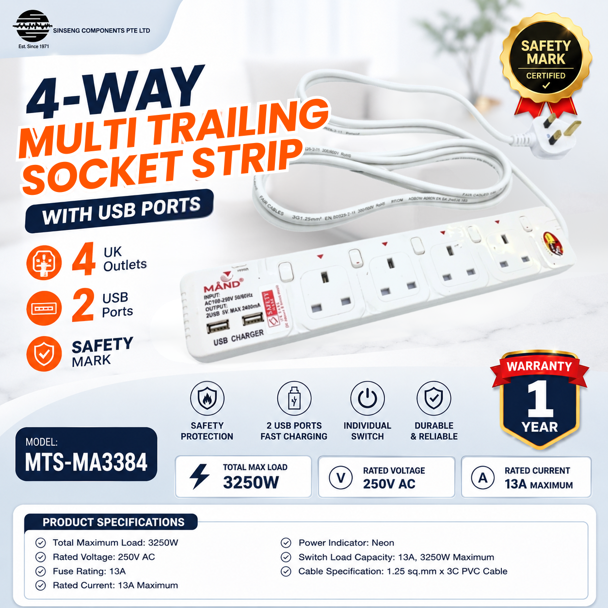 2M Extension Socket Power Strip | 4 Way UK Outlet | 2 USB Ports | Safety Mark | 13A 3250W | MTS-MA3384/3M