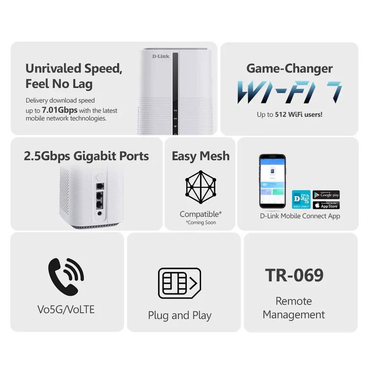 D-Link DWR-BE7200G 5G NR Wi-Fi 7 BE7200 Multi-Gigabit Router with VoLTE & VoNR | DL-DWR-BE7200G