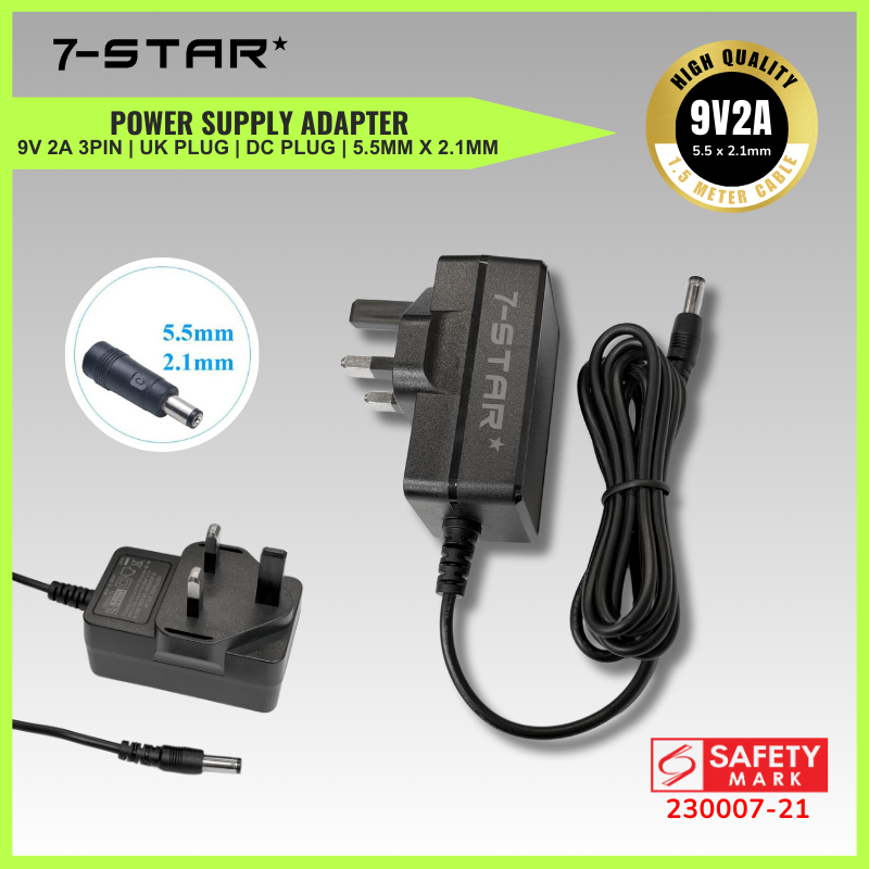 9V 2A UK Plug Adapter, 1.5M Cable, LED, CE/TUV Certified | 7S-AD9V2ADC(S)
