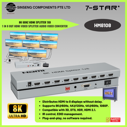 1 in 8 HDMI 2.1 Splitter 8K 60Hz | HDMI Audio Video Converter | HM8108