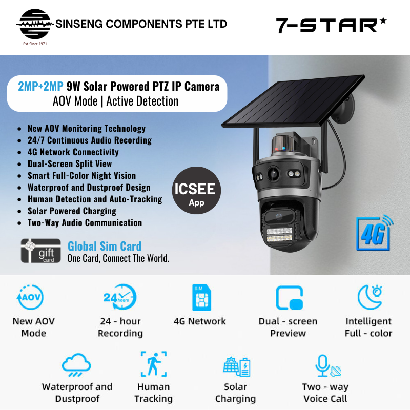 4G Solar Dual 2MP PTZ Camera | 9W Panel | Built in Battery | 24/7 Recording - ICSEE App | QT11B-AOV-4G