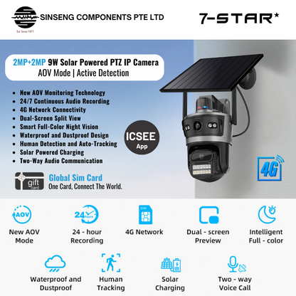 4G Solar Dual 2MP PTZ Camera | 9W Panel | Built in Battery | 24/7 Recording - ICSEE App | QT11B-AOV-4G
