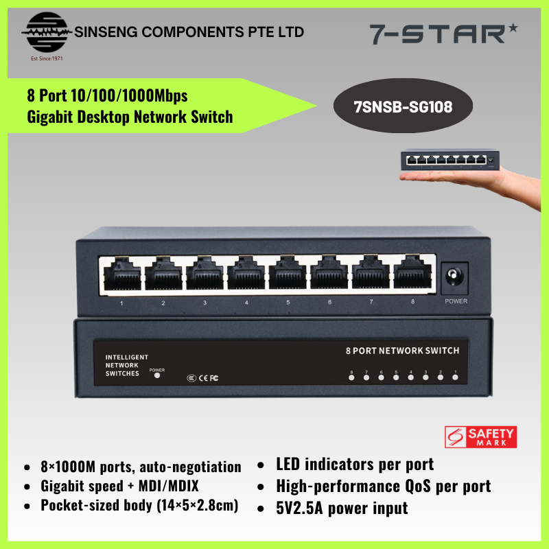 8 Port 10/100/1000Mbps Metal Gigabit Desktop Network Switch | 7SNSB-SG108