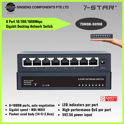 8 Port 10/100/1000Mbps Metal Gigabit Desktop Network Switch | 7SNSB-SG108