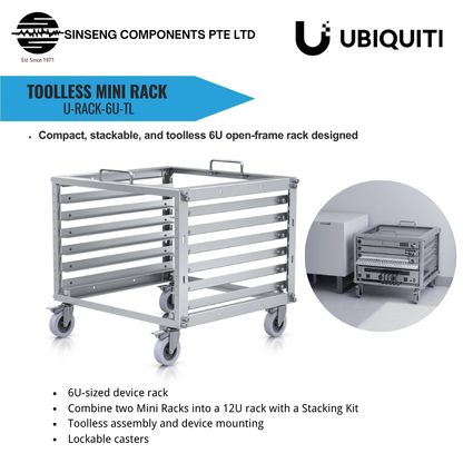 Ubiquiti UniFi Toolless Mini Rack U-Rack-6U-TL 6U Open Frame Rack with Lockable Casters | UBQ-U-RACK-6U-TL