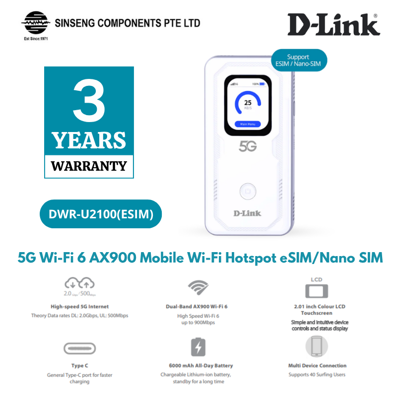 D-Link DWR-U2100 ESIM 5G WiFi 6 Mobile WiFi Hotspot with eSim/Nano Sim | DL-DWR-U2100(E-SIM)