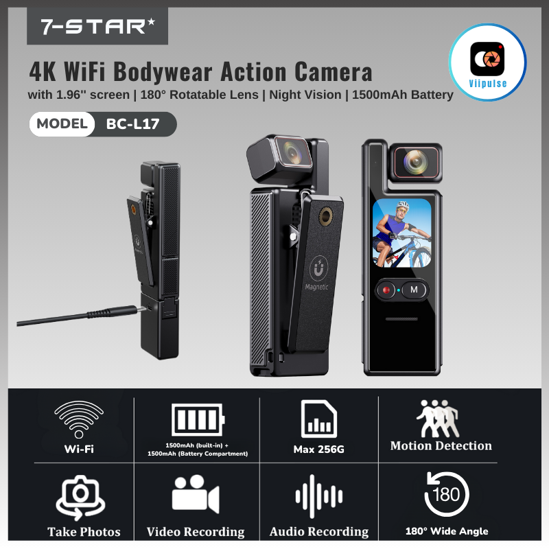 4K WiFi Bodywear Action Camera | IP65 Waterproof Portable Battery 1500mAh 1.96'' Screen | BC-L17
