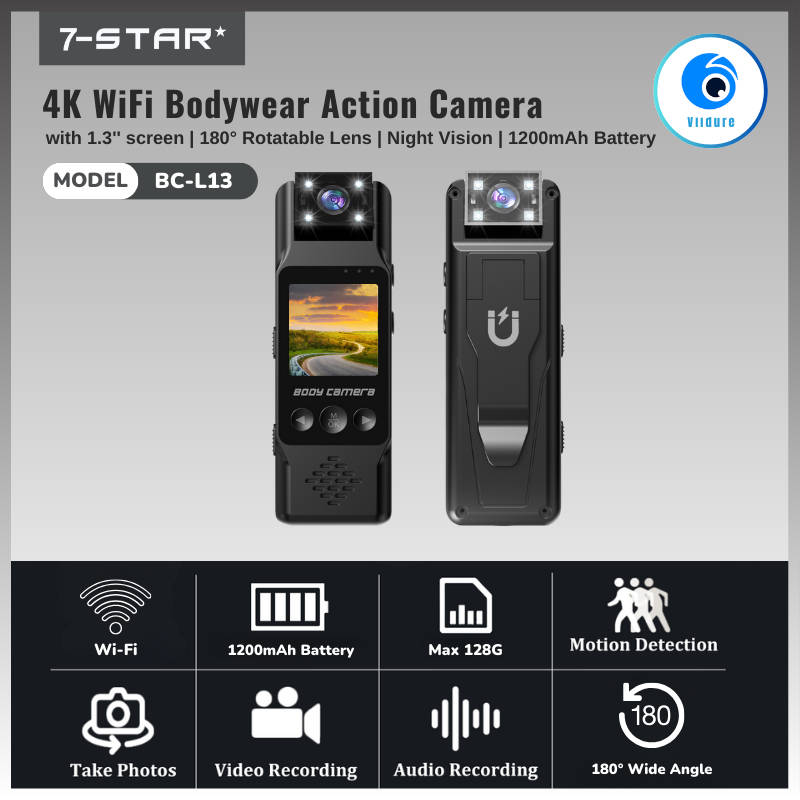 1.3'' Built in Screen WiFi Bodywear Action Camera with Portable Battery 1200mAh  | APP:Viidure | BC-L13