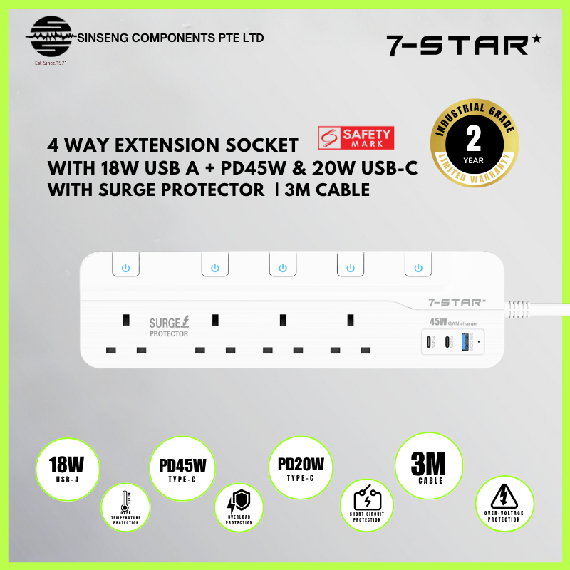 4 Way Extension Socket | 3M Cable | 18W USB A + PD45W - 20W Type C | Safety Mark
