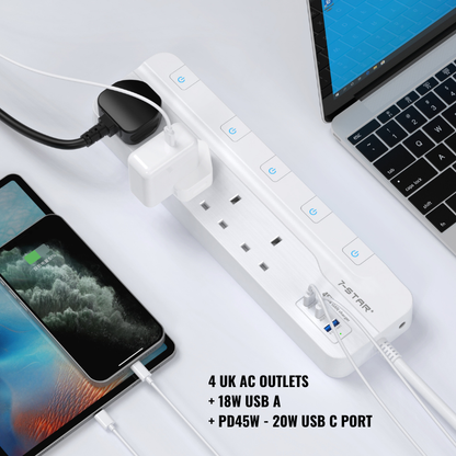 4 Way Extension Socket | 3M Cable | 18W USB A + PD45W - 20W Type C | Safety Mark