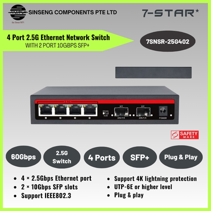 4 Port 2.5G with 2 Port 10Gbps SFP+ Desktop Network Switch | 7SNSR-25G402