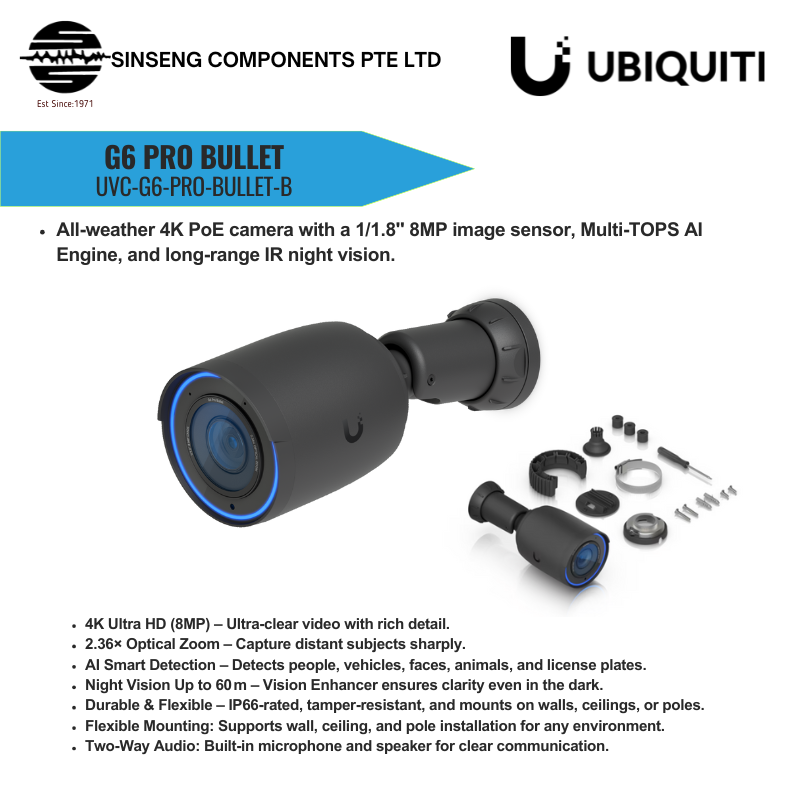 UniFi UVC‑G6‑Pro Black Bullet 4K 8MP Outdoor Security Camera