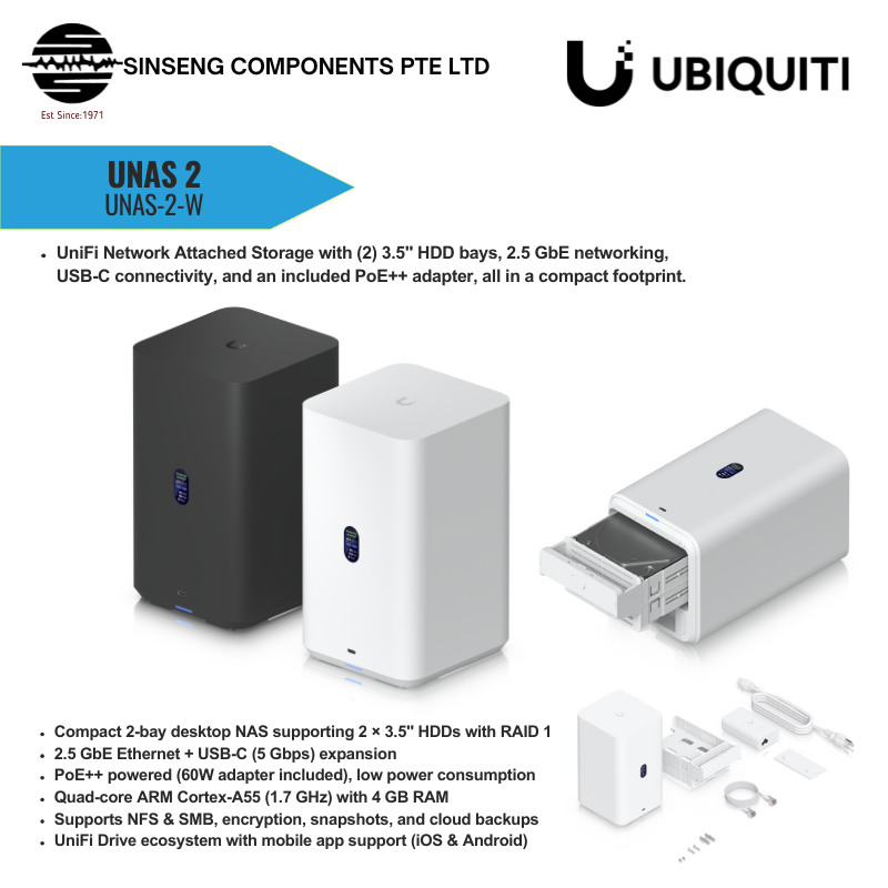 UNAS 2-Bay 2.5GbE USB-C POE++ Tower NAS | White | UNAS-2