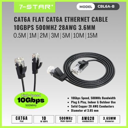 0.5M-15M Black Flat CAT6A Ethernet Cable | 10Gbps 500MHz | CBL6A-B