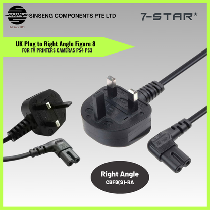 90 Degree Right Angle UK Plug to Figure 8 C7 Power Cord Cable