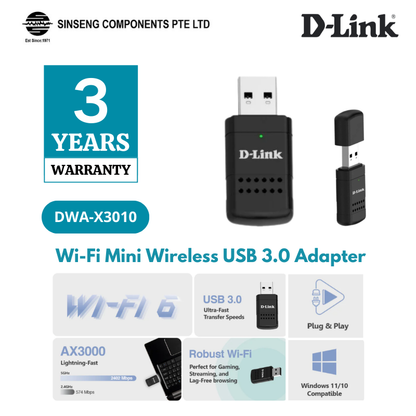 D-Link AX3000 Wi-Fi (Wireless) Mini Wireless USB 3.0 Adapter | DL-DWA-X3010