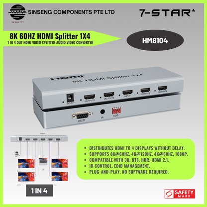 8K 60Hz HDMI Splitter 1x4 - HDMI Video & Audio Splitter/Converter | HM8104