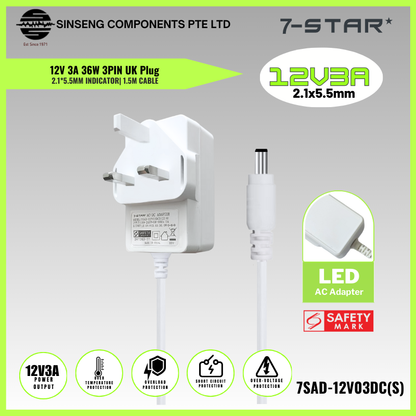 12V 3A 36W UK Plug Adapter | 2.1*5.5mm | 1.5M Cable | 7SAD-12V03DCW(S)