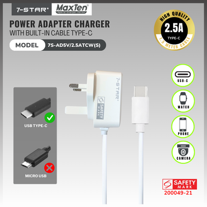 5V 2.5A Type-C USB-C Power Adapter Charger | Safety Mark | 7S-AD5V/2.5ATCW(S)