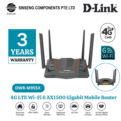 D-Link DWR-M955X 4G LTE WiFi 6 AX1500 Gigabit Mobile Sim Card Router | Up to 64 Users | DL-DWR-M955X