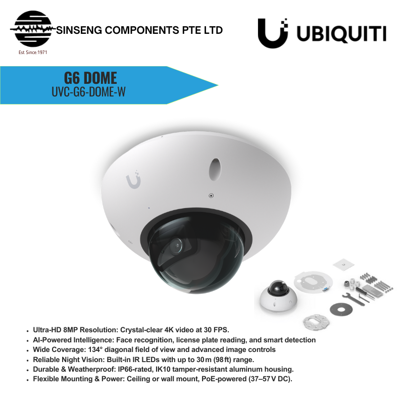 Ubiquiti UniFi G6 Dome White UVC-G6-Dome 4K AI Security Camera