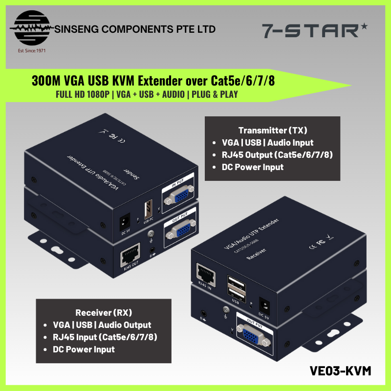 300M VGA USB KVM Extender over Cat5e/6/7/8 | VE03-KVM