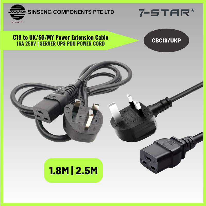 1.8M/2.5M IEC C19 to UK SG 16A 250V Power Cord 3Pin with Safety Mark - Black