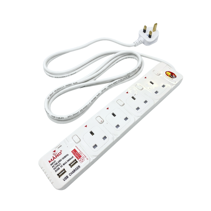2M Extension Socket Power Strip | 4 Way UK Outlet | 2 USB Ports | Safety Mark | 13A 3250W | MTS-MA3384/3M