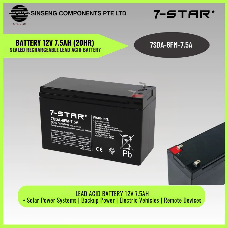 7.5AH 12V Sealed Rechargeable Lead Acid Battery (20HR) | 7SDA-6FM-7.5A