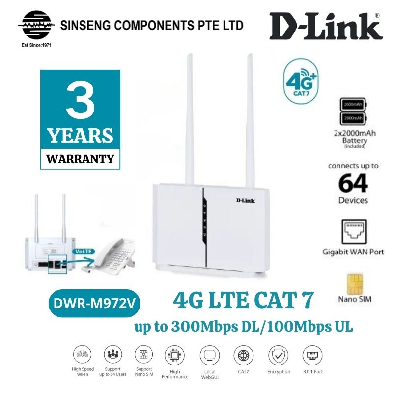 D-Link DWR-M972V 4G LTE Cat 7 AC1200 Dual-Band Gigabit WiFi Router with RJ11 | DL-DWR-M972V