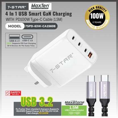 100W GaN PD Charger｜3x Type-C & 1x USB-A + 1.5M Cable | 7SPD-63W-CA1560B