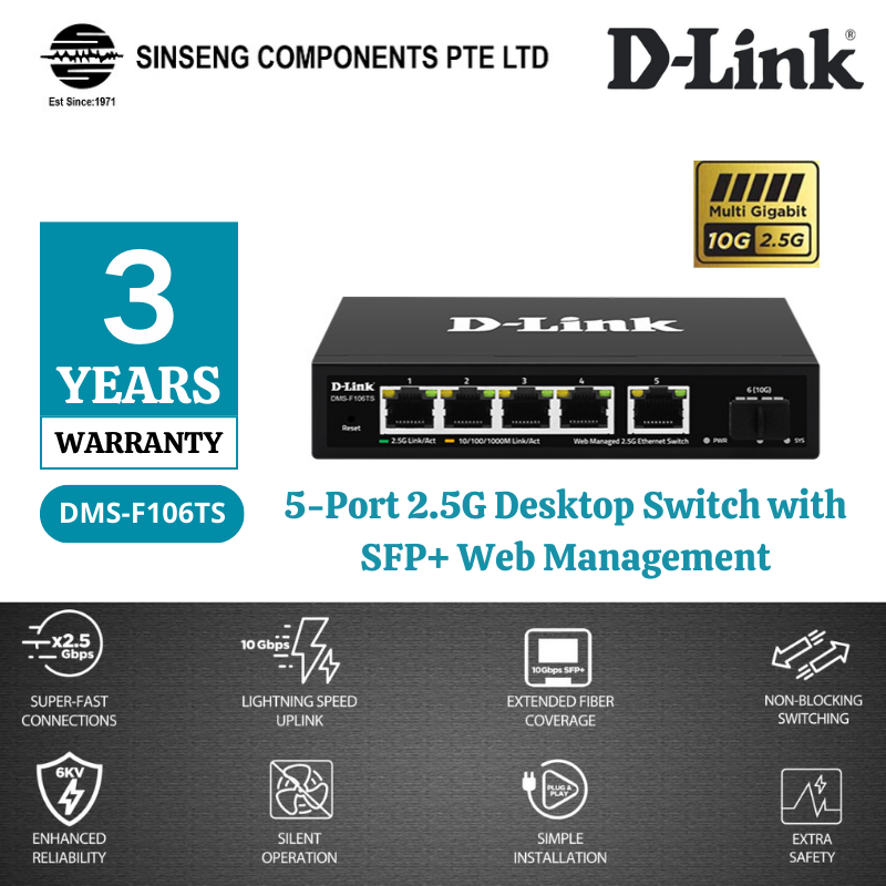 D-LINK DMS-F106TS 5-port 2.5G with 1-Port SFP+ Web Management Desktop Switch |